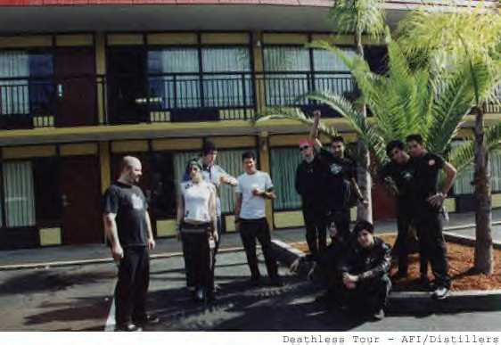 The whole crew during the Deathless tour (AFI and The Distillers)